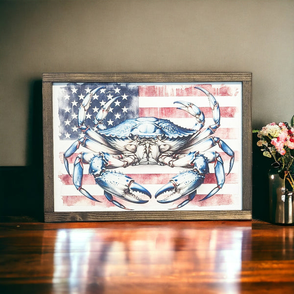 American Flag and Crab Sign, Patriotic Decor, Framed Sign, Farmhouse Decor, Housewarming Gift, Home Decor