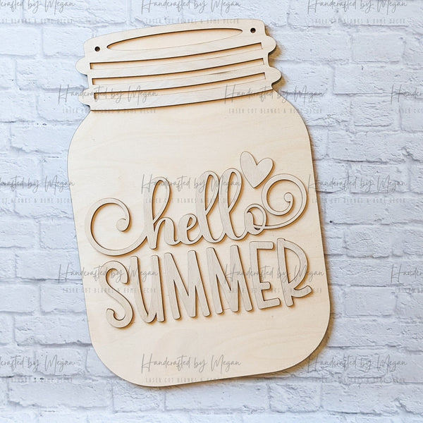 Hello Summer Mason Jar Door Hanger, Summer DIY Door Hanger, Wooden Blanks & Shapes, Laser Cut Shape for Paint Party, Girls Night In Craft