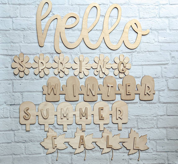 Hello Interchangeable Seasonal Kit  - 4 Seasons - Various Sizes - Wooden Blanks- Wooden Shapes - laser cut shape - DIY Hello Seasonal Kit