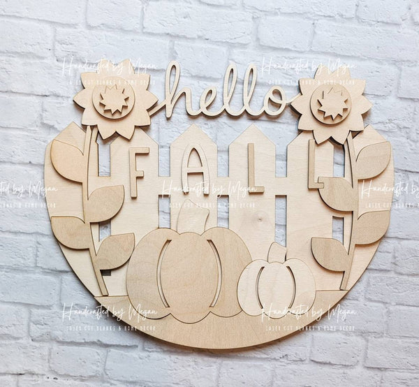 Hello Fall Fence Door Hanger- Summer Decor - Unfinished Wood - Wooden Blanks- Wooden Shapes - laser cut shape - Paint Party - 2022