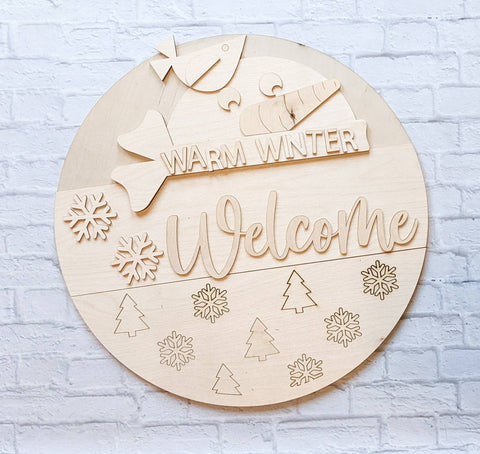 Warm Winter Welcome Snowman Door Hanger- Winter - Unfinished Wood - Wooden Blanks- Wooden Shapes - laser cut shape - Paint Party - 2022