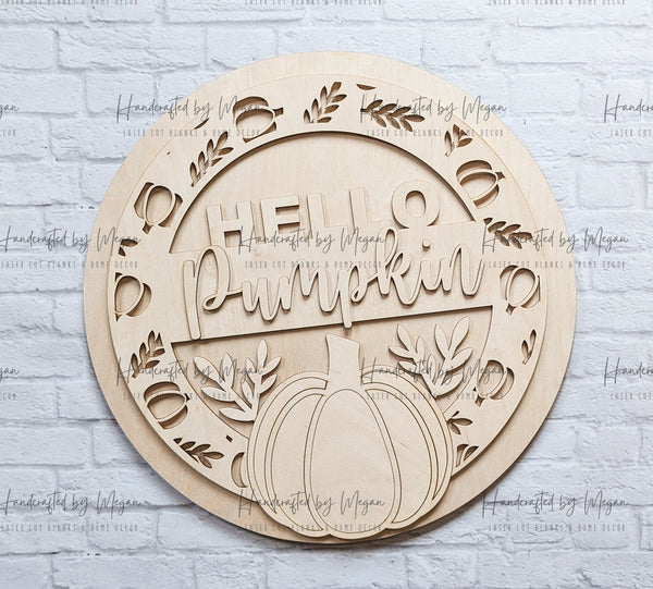 HELLO PUMPKIN Door Hanger- Unfinished Wood - Wooden Blanks- Wooden Shapes - laser cut shape - Paint Party- Fall crafts - 2023